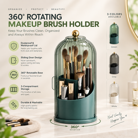 360 Rotating Makeup Brush Holder With Dustproof Lid