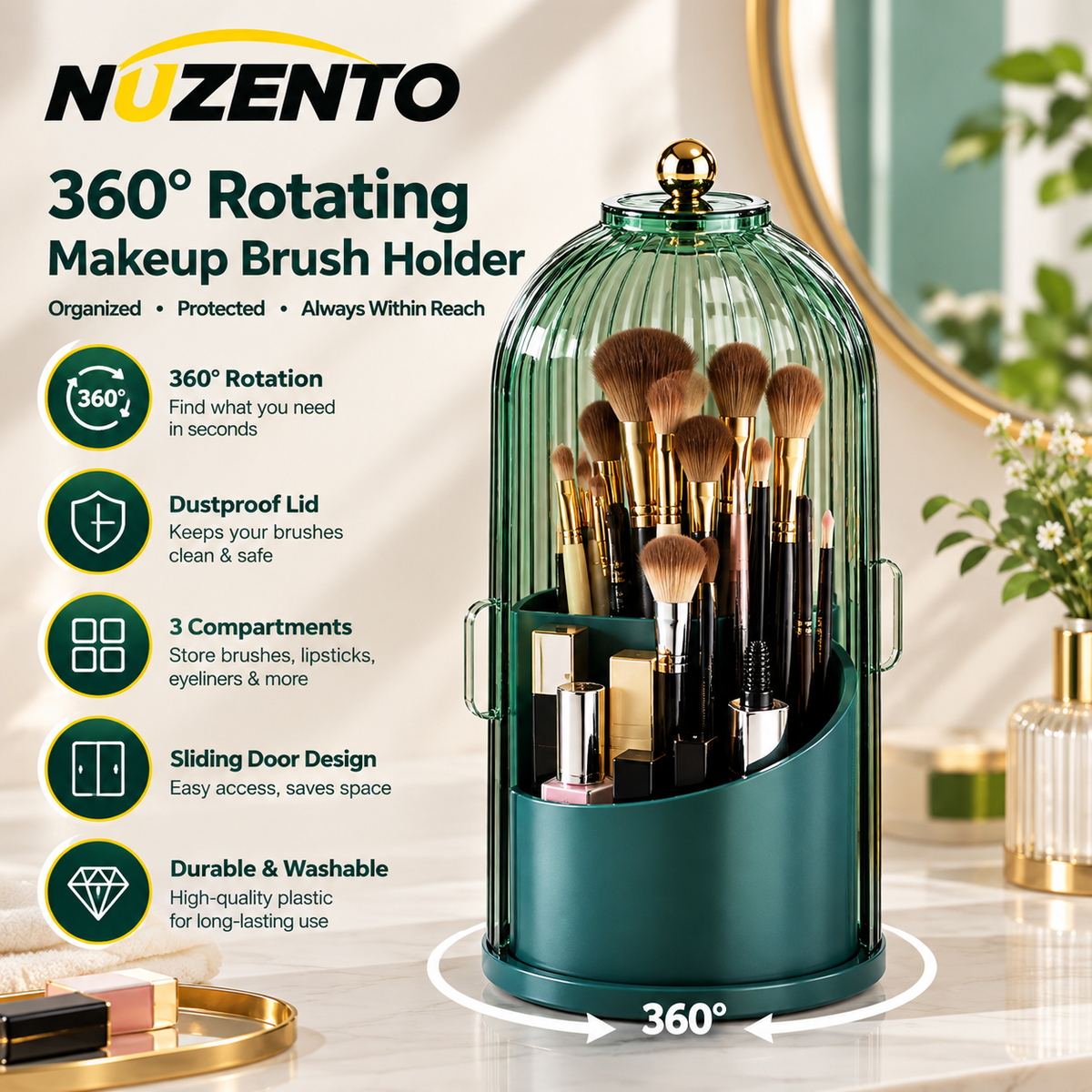360 Rotating Makeup Brush Holder With Dustproof Lid